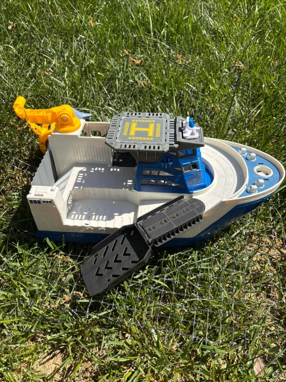 Mattel Blue White and Yellow Rescue Boat Toy with Shark Accessory